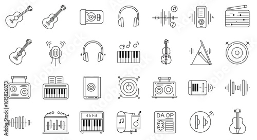 Set of vector line icons representing musical instruments and audio equipment collection