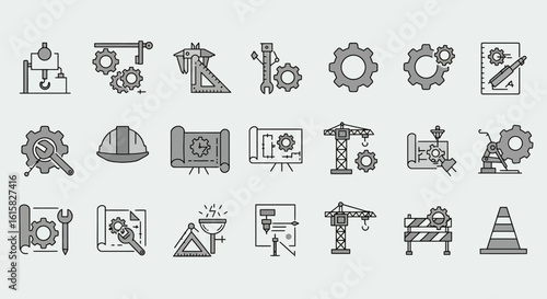 Diverse engineering icons depicting industrial processes and technical design elements