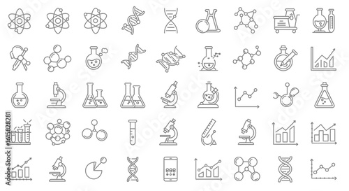 Collection of line art icons representing scientific research and laboratory equipment