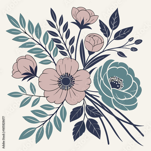 sophisticated watercolor floral bouquet with pink and teal flowers