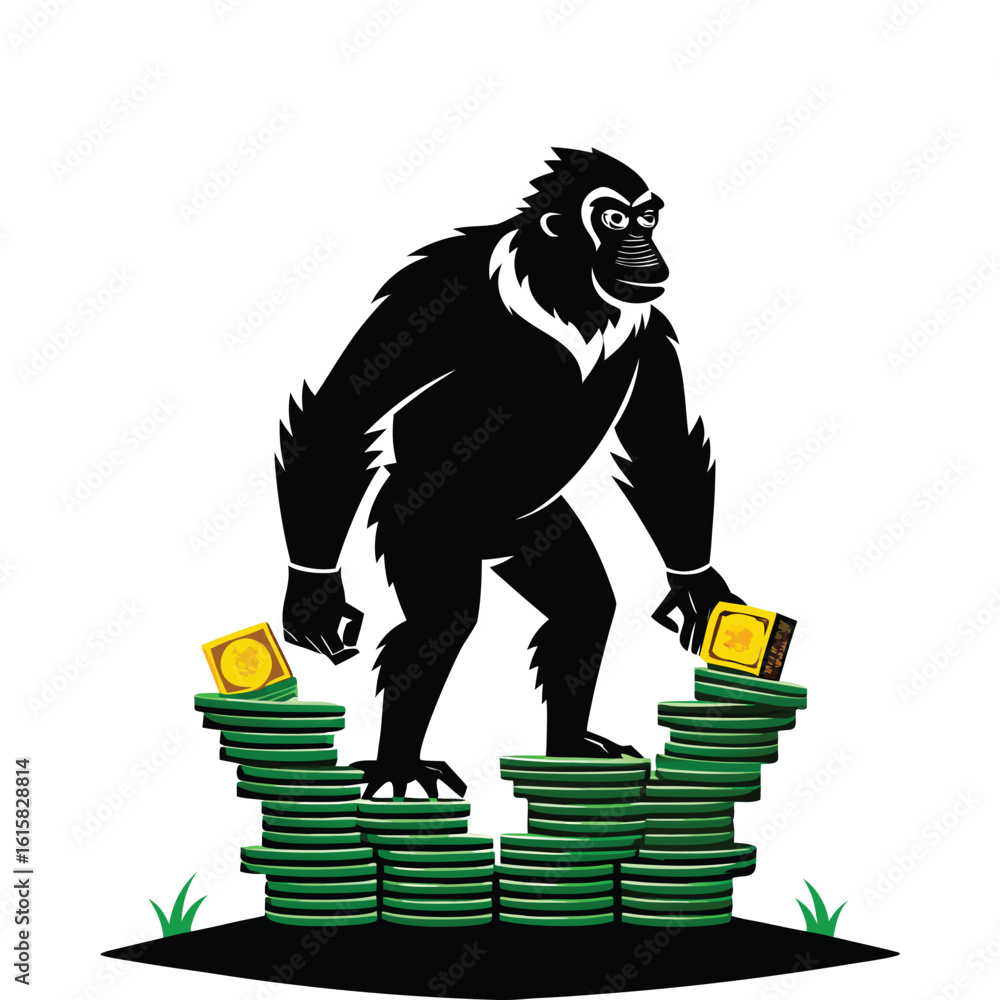 Fototapeta premium Silhouette of Ape Standing on Stack of Money Vector | Business Wealth Concept | Financial Success Graphic | Jungle Power Illustration for Marketing and Investment Themes