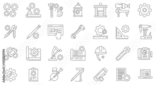 Line icons set for engineering design and development representing tools and mechanisms