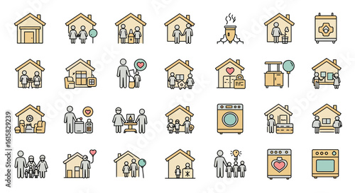Collection of vector line icons representing family home and household themes