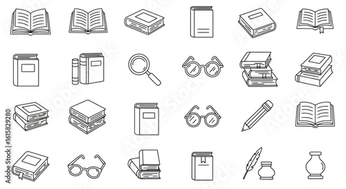 Collection of Line Art Book and Study Icons for Education and Learning Resources