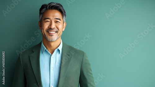 Asian man with a smile on his face is wearing a suit and a shirt