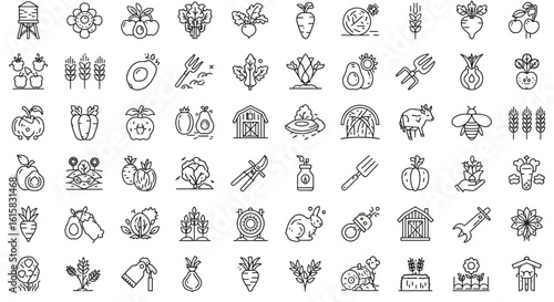 Collection of farming and agriculture related icons representing harvest and rural life