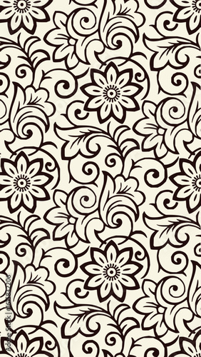 Floral pattern with swirling vines and stylized flowers in a monochrome black and white design scheme