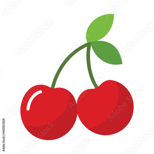 Two bright red cherries with green stems and leaves on a white background