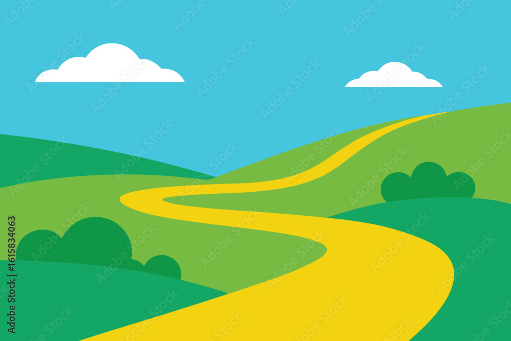 Fototapeta premium A winding yellow road curves through rolling green hills under a clear blue sky with fluffy white clouds