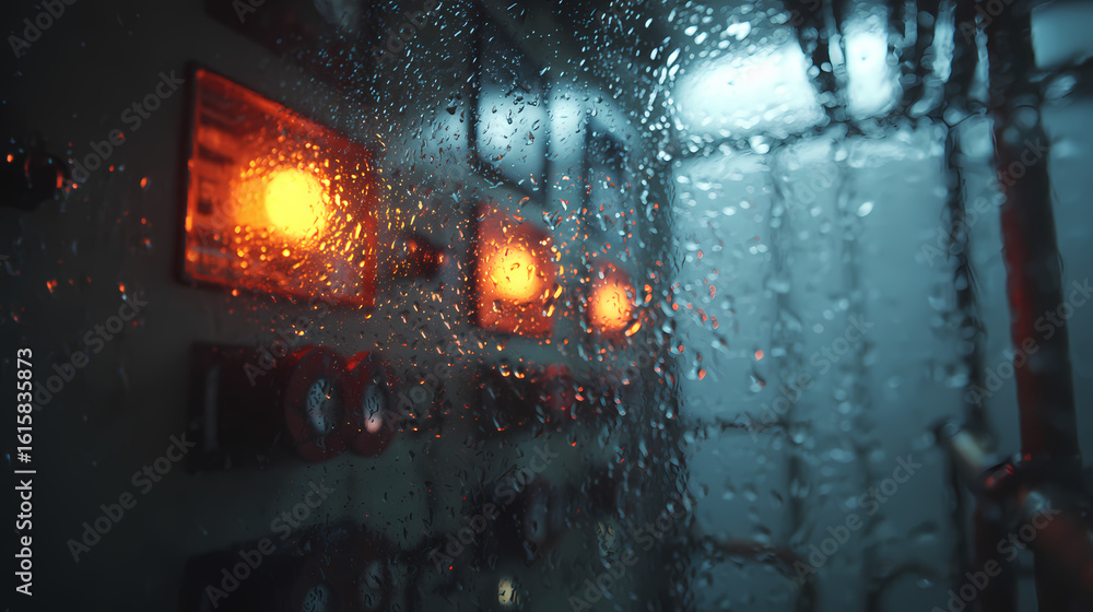 Obraz premium hydration recovery chamber under power outage, blinking orange signal projected through condensation. Illustration