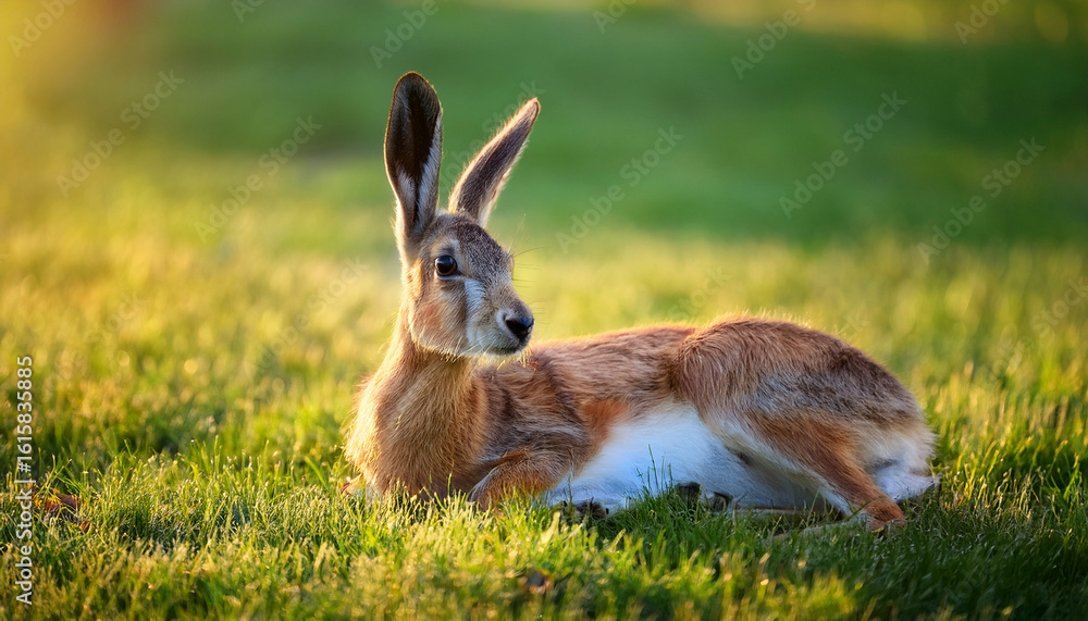 Fototapeta premium a jackalope lies peacefully on green grass offering a tranquil and surreal visual