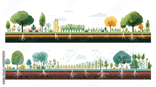 Illustration depicts a vibrant, cross-section view of a lush landscape with trees and plants.
