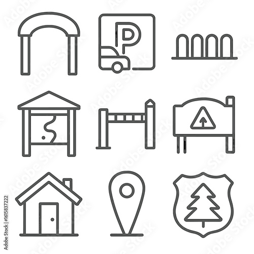 Trailhead Icons Collection. Line style icons of trailhead and entry points: trailhead arch, parking lot icon, bike rack, map kiosk