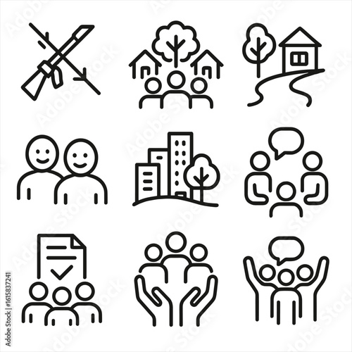 Social Peace Icons. Line style icons of social peace indicators: reduced conflict icon, thriving community, peaceful street,