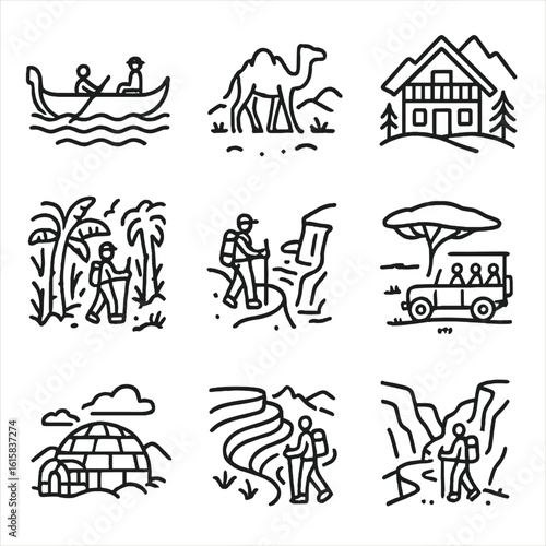 Regional Travel Icons. Line style icons of regional travel symbols: gondola boat, desert camel ride, alpine chalet, rainforest