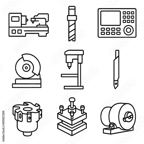 Machining Tools Icons. Line style icons of machining and shaping tools: lathe machine, milling cutter, CNC controller, grinding