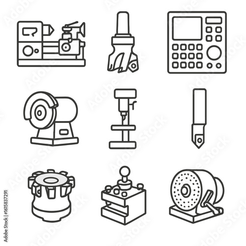 Machining Tools Icons. Line style icons of machining and shaping tools: lathe machine, milling cutter, CNC controller, grinding