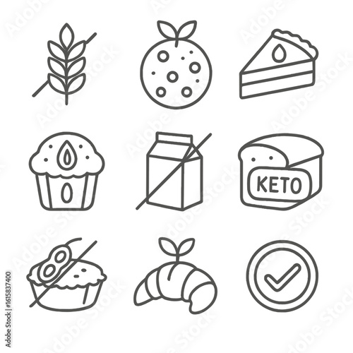 Dietary-Friendly Bakery Icons. Line style icons of dietary-friendly bakery: gluten-free label, vegan cookie icon, low-sugar cake,