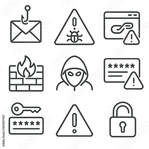 Cybersecurity Threat Icons. Line style icons of cybersecurity threats: phishing email, malware warning, suspicious link alert,