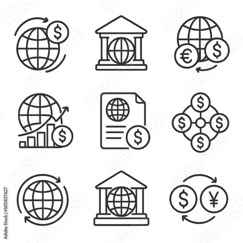 Global Finance Icons. Line style icons of global financial services: international money transfer, global bank, foreign exchange