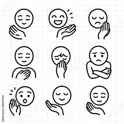 Emotion Hand Icons. Line style icons of hand and emotion: calm and open, joy uplift, subtle sorrow hand, compassionate placement,