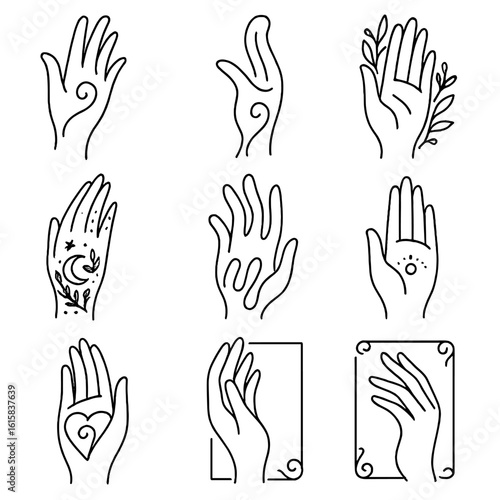 Artistic Hand Designs. Line style icons of stylized hand illustrations: line flourish hand, swirl design gesture, floral motif