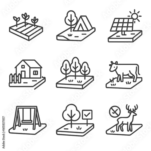 Line Style Land Icons. Line style icons of vacant land uses: land for farming, eco-tourism plot, solar farm site, residential lot,