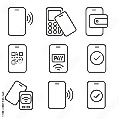 Mobile Payment Icons. Line style icons of mobile contactless payment: smartphone with NFC waves, phone tapping terminal, mobile