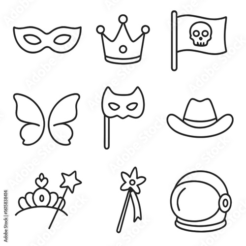 Themed Party Icon Set. Line style icons of themed party props: masquerade mask, crown decor, pirate flag, fairy wings, superhero