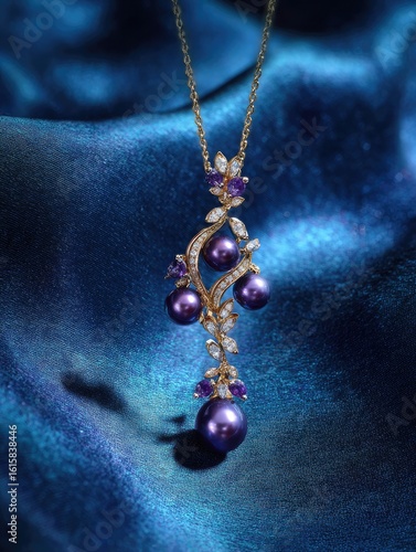 Elegant Purple Pearl and Crystal Pendant Necklace on Blue Silk Background