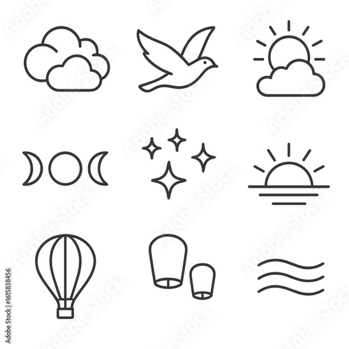 Air and Sky Icons. Line style icons of air and sky: cloud formation, flying bird, open sky with sun, moon phases, night stars,