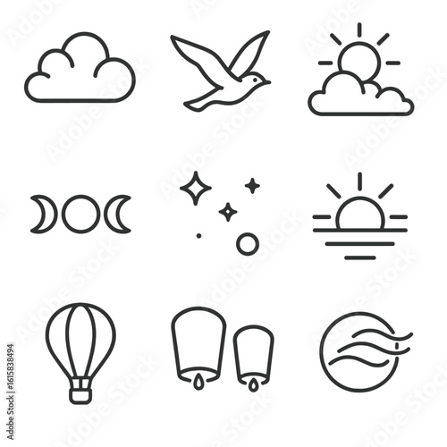 Air and Sky Icons. Line style icons of air and sky: cloud formation, flying bird, open sky with sun, moon phases, night stars,
