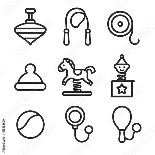 Toy Line Icons. Line style icons of spinning and bouncing toys: spinning top with handle, jump rope, yo-yo, spring horse, popper