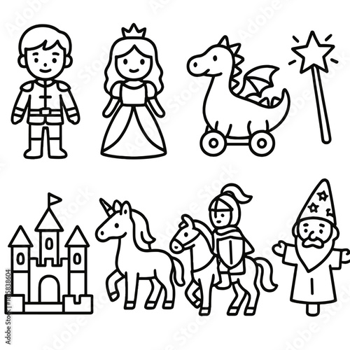 Fairytale Toy Icons. Line style icons of fairytale themed toys: prince doll, princess figure, dragon on wheels, fairy wand toy,