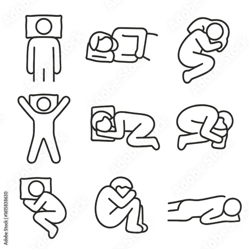 Sleep Position Icons. Line style icons of sleep positions: sleeping on back, side sleeper, stomach sleeper, fetal position,