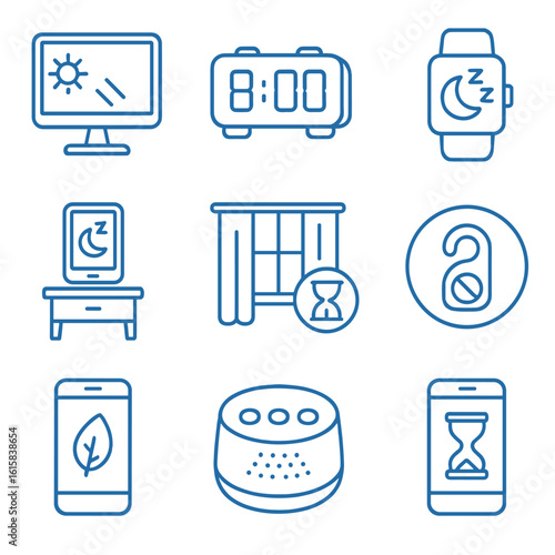 Sleep Tech Icons. Line style icons of sleep and tech: blue light screen icon, digital alarm, sleep tracking watch, phone on
