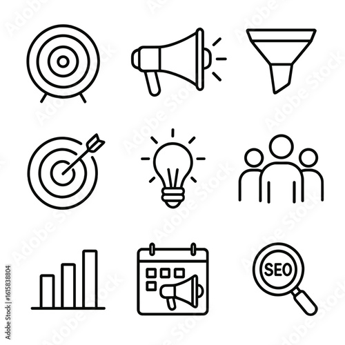 Marketing Icons Set. Line style icons of Marketing Strategy: target board, megaphone, funnel chart, bullseye arrow, light bulb,