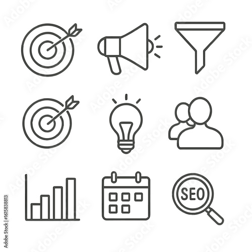 Marketing Icons Set. Line style icons of Marketing Strategy: target board, megaphone, funnel chart, bullseye arrow, light bulb,