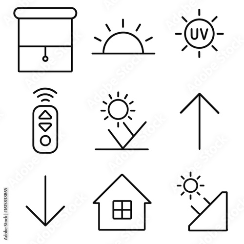 Smart Shades Icons. Outline style icons of Automated Window Shades: roller shade, sunrise timer, UV sensor, remote control, light