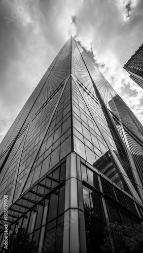 Modern glass skyscraper reaching towards dramatic cloudy sky in black and white