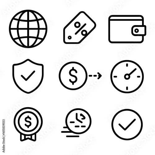 Cross-Border Remittance Icons. Outline style icons of Cross-Border Remittance Flow: globe icon, sender wallet, receiver wallet,