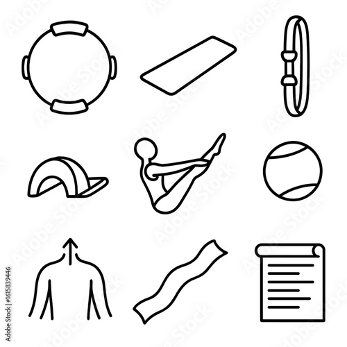 Pilates Icon Set. Outline style icons of Pilates Mat Session: pilates ring, exercise mat, leg strap, spine corrector, teaser pose
