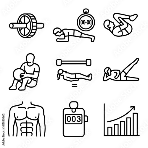 Core Training Icons. Outline style icons of Core Training Circuit: ab wheel, plank timer, bicycle crunch icon, Russian twist ball,