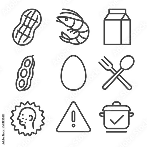 Food Allergen Icons. Outline style icons of Food Allergen Warnings: peanut icon, shellfish symbol, dairy carton, soy bean, egg