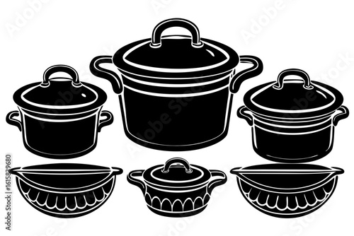 Elegant Kitchenware Collection A Vector Illustration of Cooking Pots, Casseroles, and Kitchen Bowls in Black and White