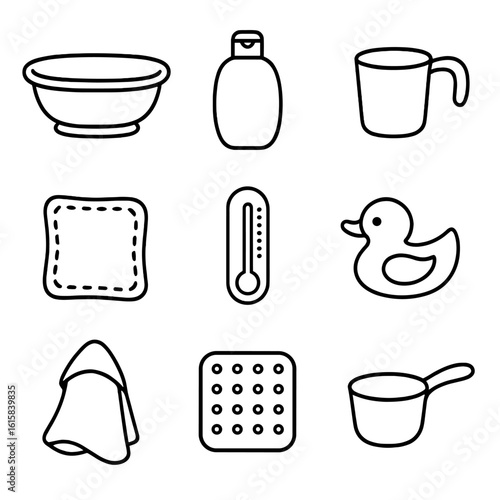 Baby Bath Essentials. Outline style icons of Baby Bath Time: baby bathtub, gentle shampoo bottle, rinse cup, soft washcloth, bath