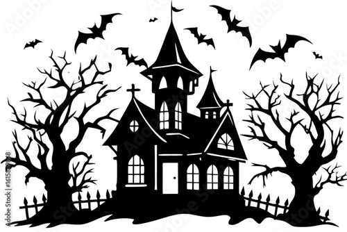 A spooky haunted house silhouette with flying bats and eerie bare trees. Gothic mansion vector illustration for a festive Halloween celebration.