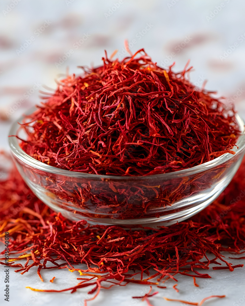 Naklejka premium Dried saffron threads in a clear glass bowl on a marble surface.