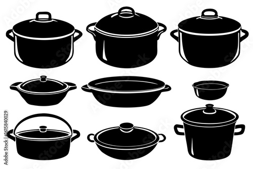 A conceptual set of various kitchen cookware silhouettes. Vector icons of pots, pans, and cauldrons for cooking and food preparation themes.