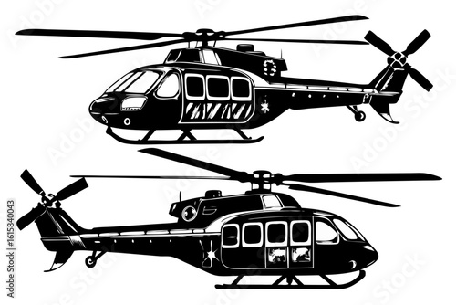 Monochrome vector illustration set of modern emergency rescue and utility helicopters. Detailed aviation concept graphic for air ambulance and transport services.